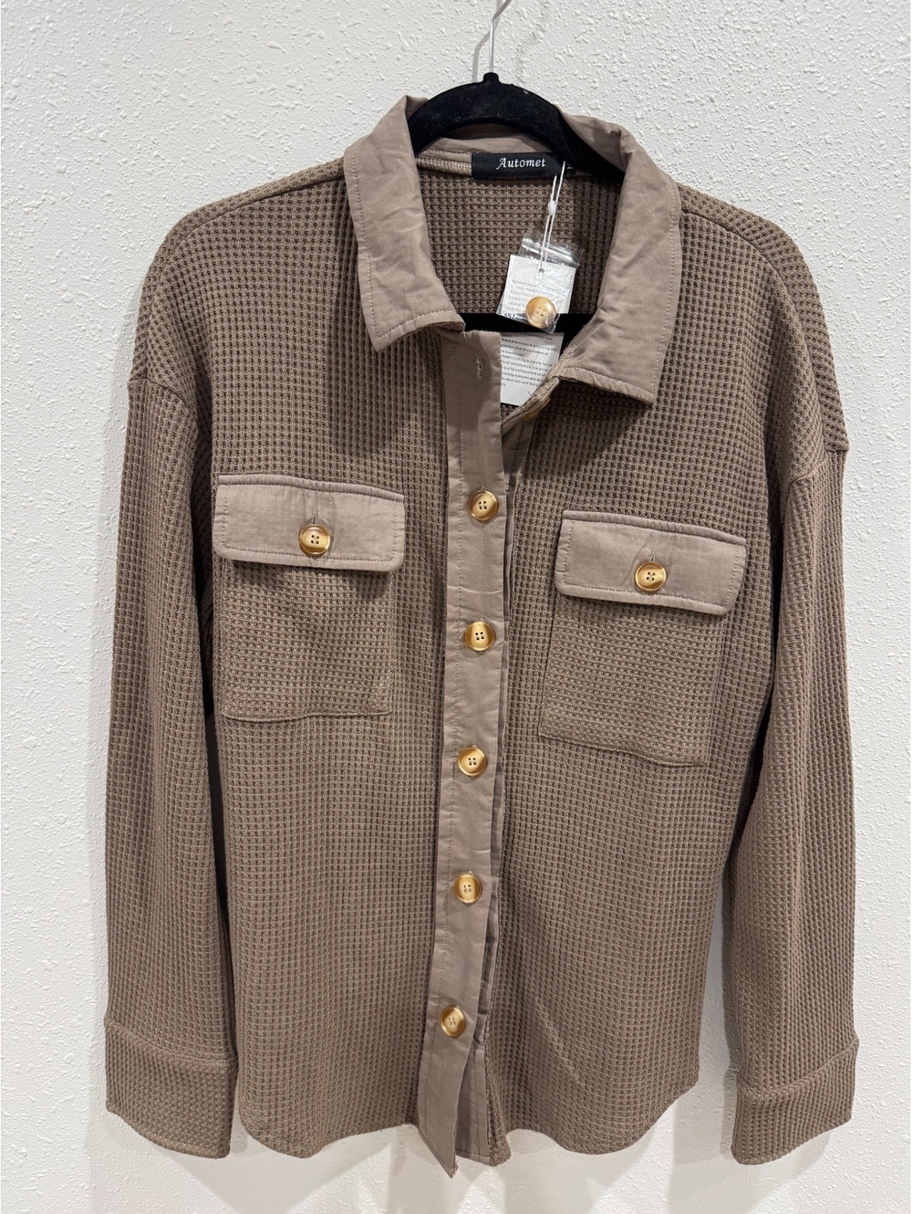 AUTOMET Women’s Waffle Knit Button-Up Shacket Brown/Taupe Size M
